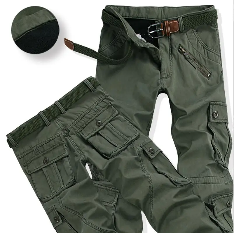 Army green Мужские толстые теплые флисовые зимние брюки Модные свободные мешковатые рабочие брюки Карго повседневные Карманы меховые брюки плюс размер 40 - Цвет: Army green