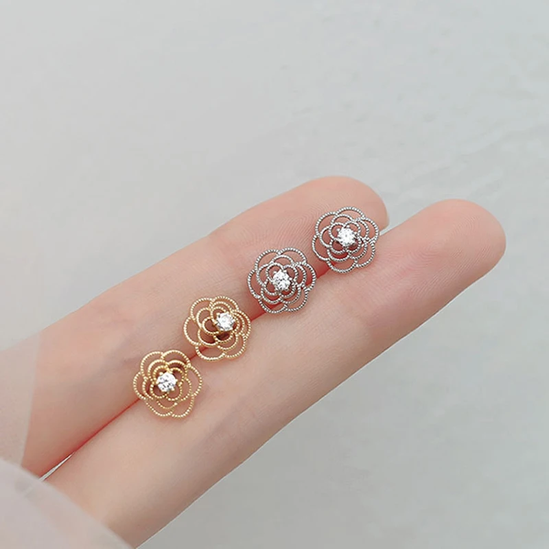

100% Real 925 Sterling Silver Hollow Flower Stud Earrings Cute Twisted Pattern Zircon Earring for Women Fine Jewelry