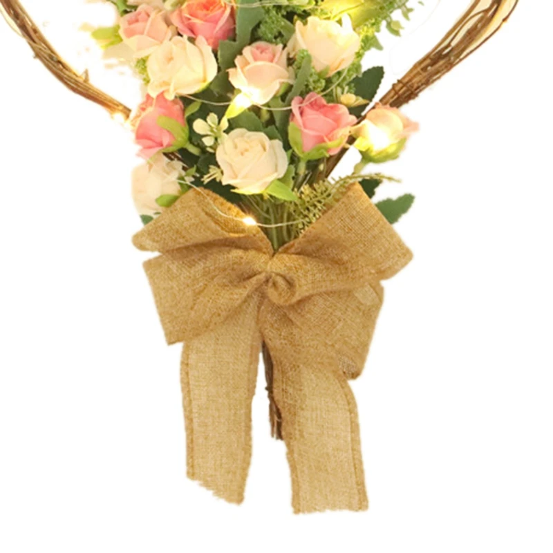 

Heart-Shaped Wreath Simulation Rose Flower Wreath Wall Hanging Pendent Door Wreath Wedding Props for Home with Light