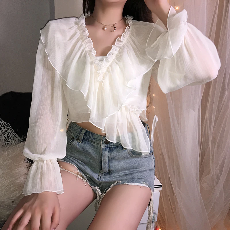 

Women Sexy V Neck Ruffles White Mesh Bandage Long Sleeve Loose Blouse Ladies Casual All-match Harajuku Long Sleeve Shirt SJ3844M