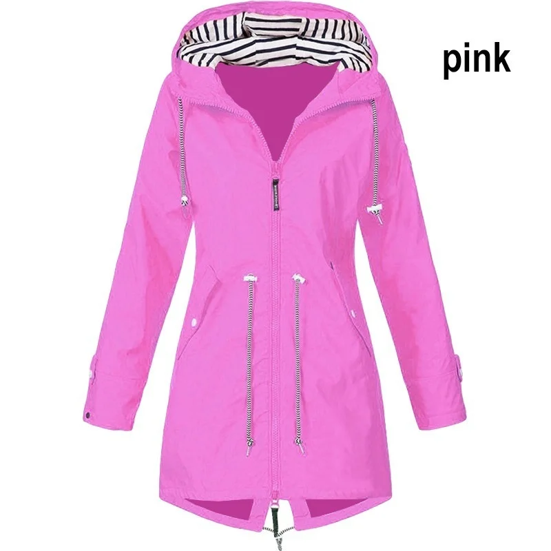 Women Waterproof Zipper Rain Jacket Solid Color Ladies Outdoor Mountaineering Lightweight Raincoats Plus Size S-5XL