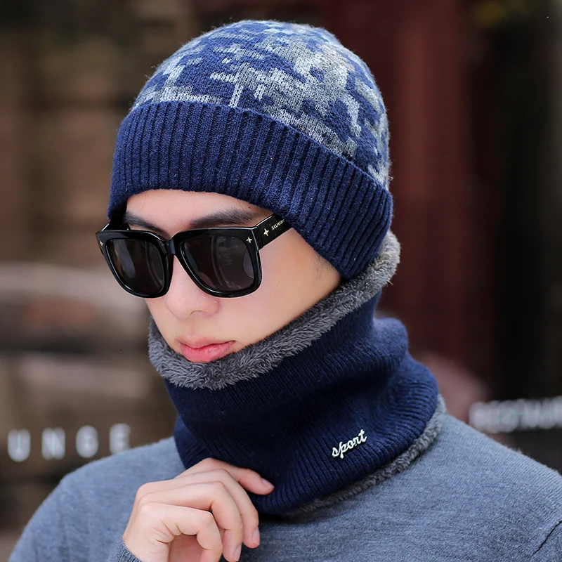Зимние шапочки для мужчин шарф вязанные шапки кепки маска Warm капот Теплые