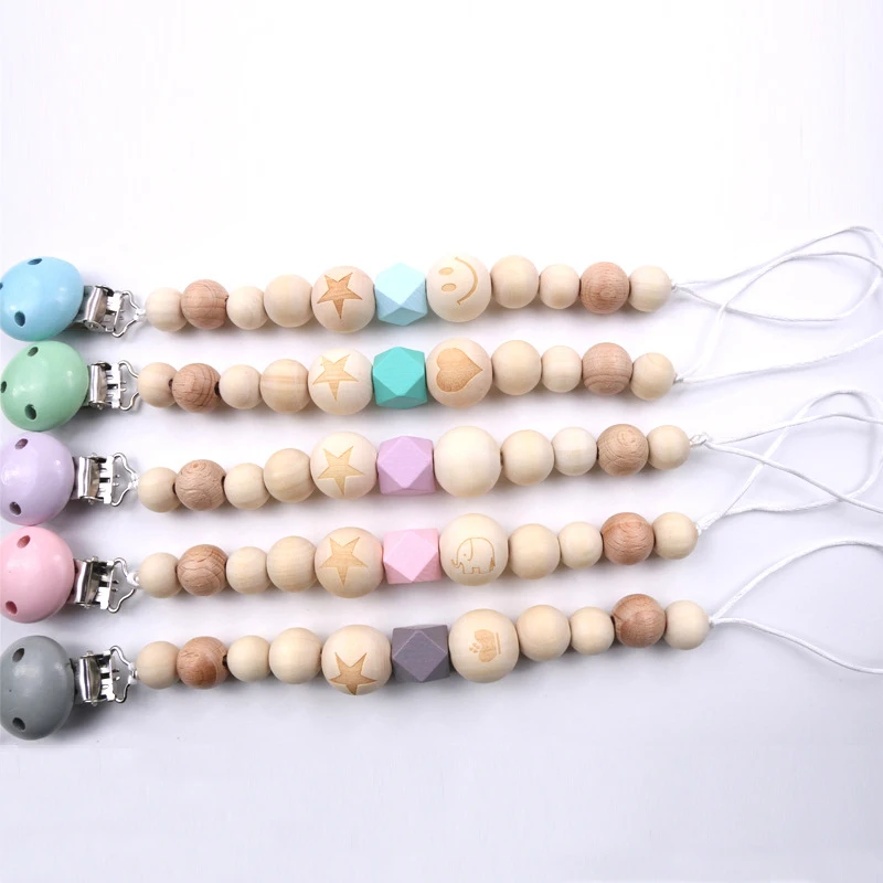 Soporte de cadena para chupete, suministros infantiles, 1 pieza, Auxiliar de comida, regalo para ni&ntilde;os, antip&eacute;rdida de silicona/Cadena de mordedor de madera para beb&eacute;-0