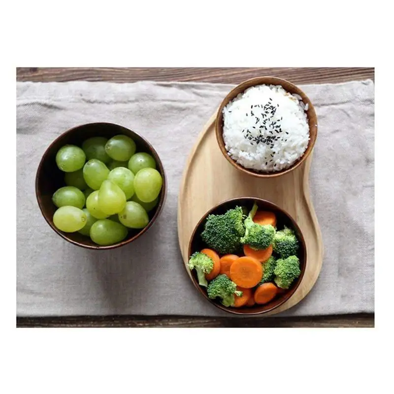 

4 Pieces Wooden Handmade Bowl and Spoon for for Rice Miso Serving Home Kitchen Tableware