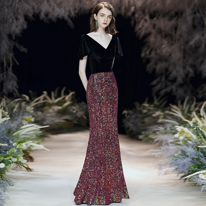 

Female Exquisite Sequins Elegant Evening Party Dress Sexy V-Neck Backless Vintage Prom Dresses Temperament Long Banquet Gown