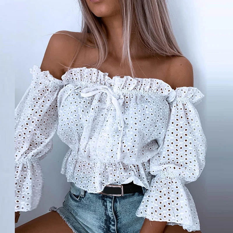 

Sexy Off Shoulder Halter Solid Women Shirts Summer Elegant Hollow Out Lace-Up Party Tops Ladies Fashion Casual Blusa Streetwear