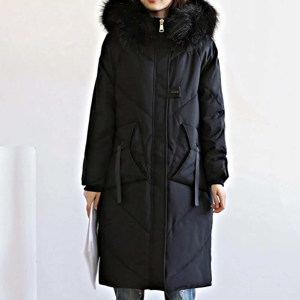 

Женская длинная стеганая куртка с длинным рукавом, однотонная однобортная Утепленная зимняя куртка на молнии с воротником с капюшоном для ...