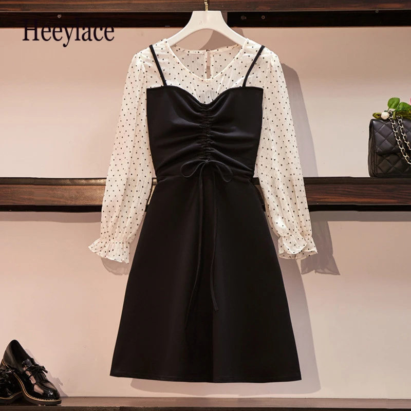 Женское ТРАПЕЦИЕВИДНОЕ ПЛАТЬЕ милое винтажное мини-платье в горошек с длинным