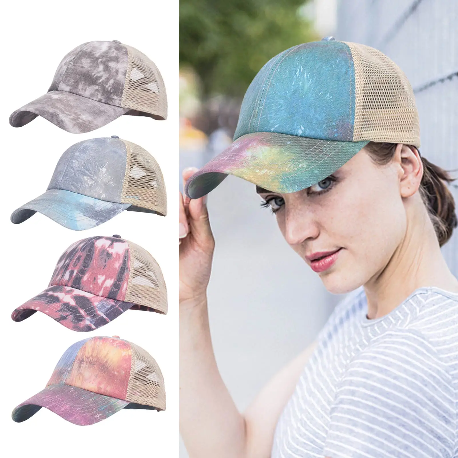 

Unisex Baseball Cap Tie-Dye print mesh Breathable hollow Cross hat strap Ponytail Cap Trucker Shading Hat Sports Baseball cap