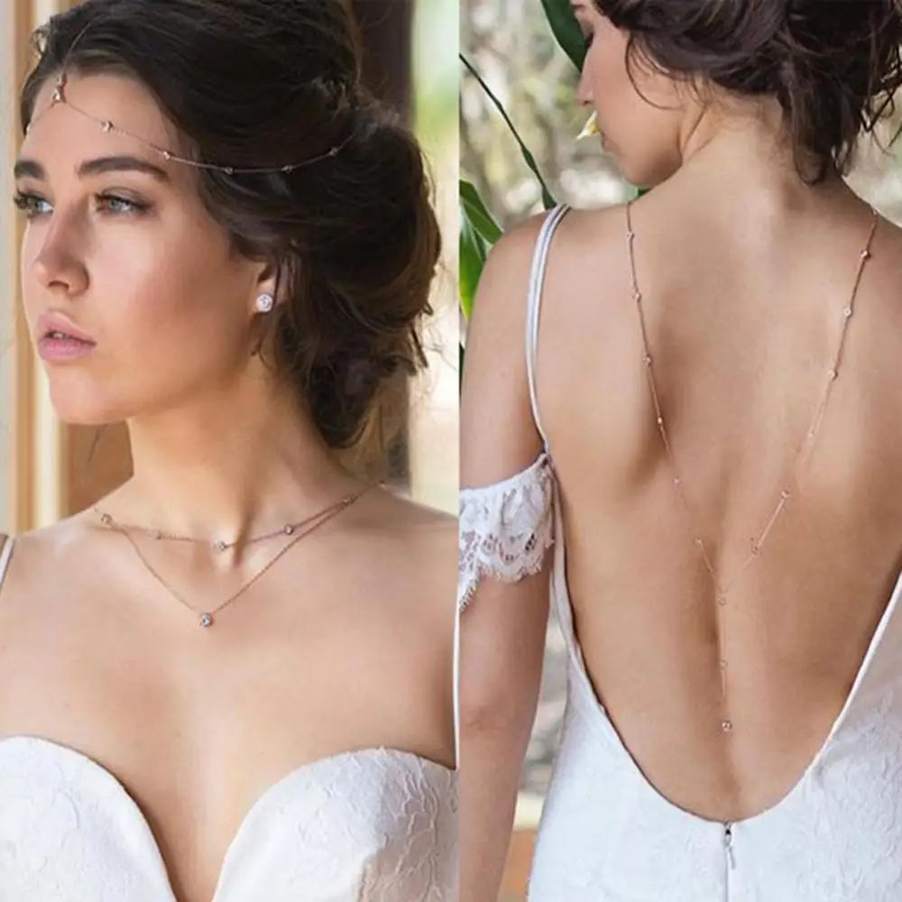 

Rhinestone Inlaid Long Drop Bridal Back Necklace Lady Body Chain Wedding Jewelry