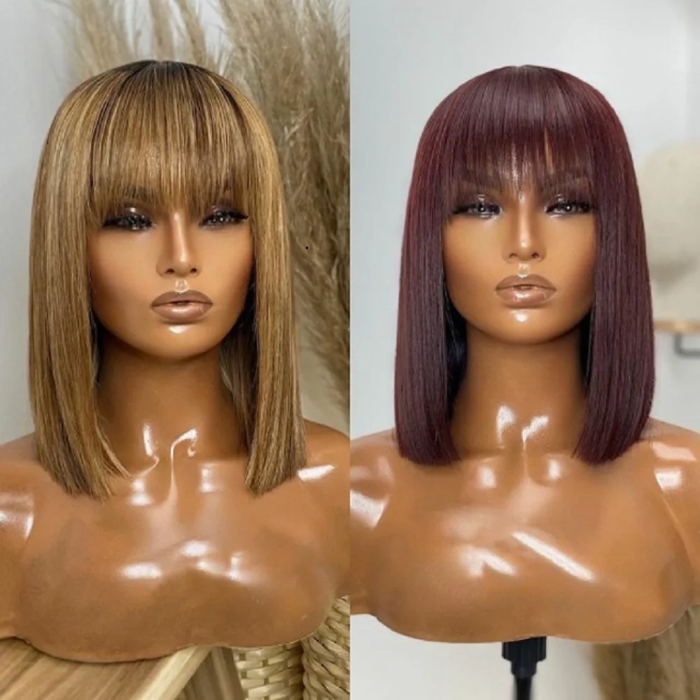 

Short Human Hair Wig with Fringe for Women Straight Remy Hair Bob Wigs With Bangs Dark Brown Balayage Highlight Color