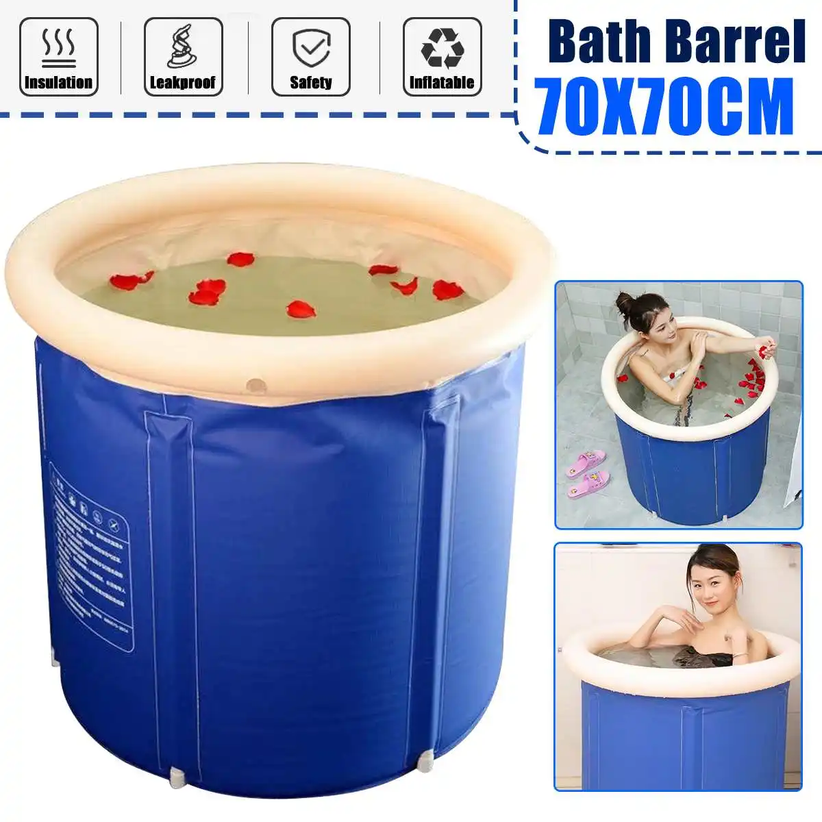 

JETEVEVEN 70x70cm Folding Bathtub Home Large Adult Bath Barrel Thickening Children Folding Bucket Inflatable Small Apartment