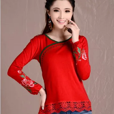Cheongsam Топ традиционная китайская одежда для женщин с длинным рукавом размера плюс 5XL рубашка хлопковая винтажная одежда Топ Футболка Блузка рубашка - Цвет: red 3910