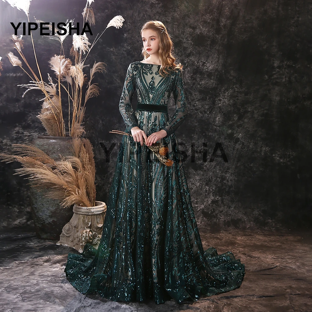 

2021 New Luxury O-Neck Backless Evening Dress Long Sleeve A-Line Sequined Court Train Prom Party Gown robes de soirée de mariage