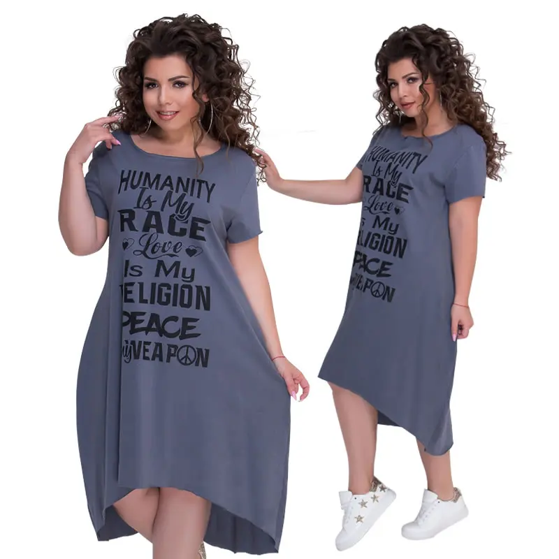 Платье размера плюс с буквенным принтом коротким рукавом до середины икры Vestidos L