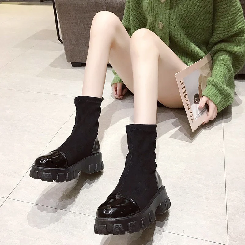 

Women Ankle Boots Ladies Autumn Shoes Fashion Platform Woman Round Toe Female Shoe Thick bottom Seude Slip On New Fashion