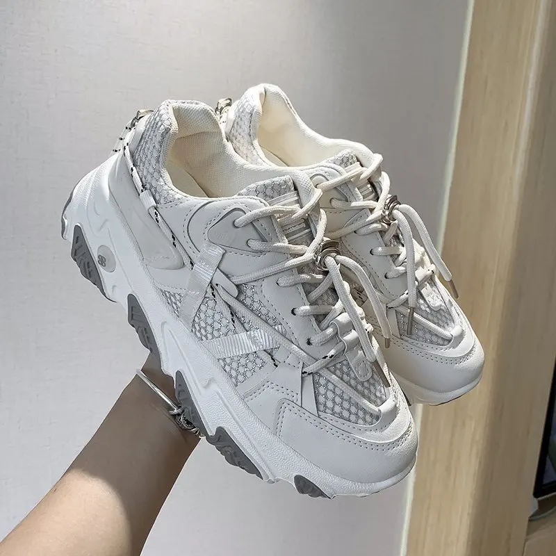 

Women Sneakers 2021 Spring Summer Outdoor Casual Mesh Leather Sports Shoes Woman New Arrival Cross-Tied Platforms Tenis Feminino