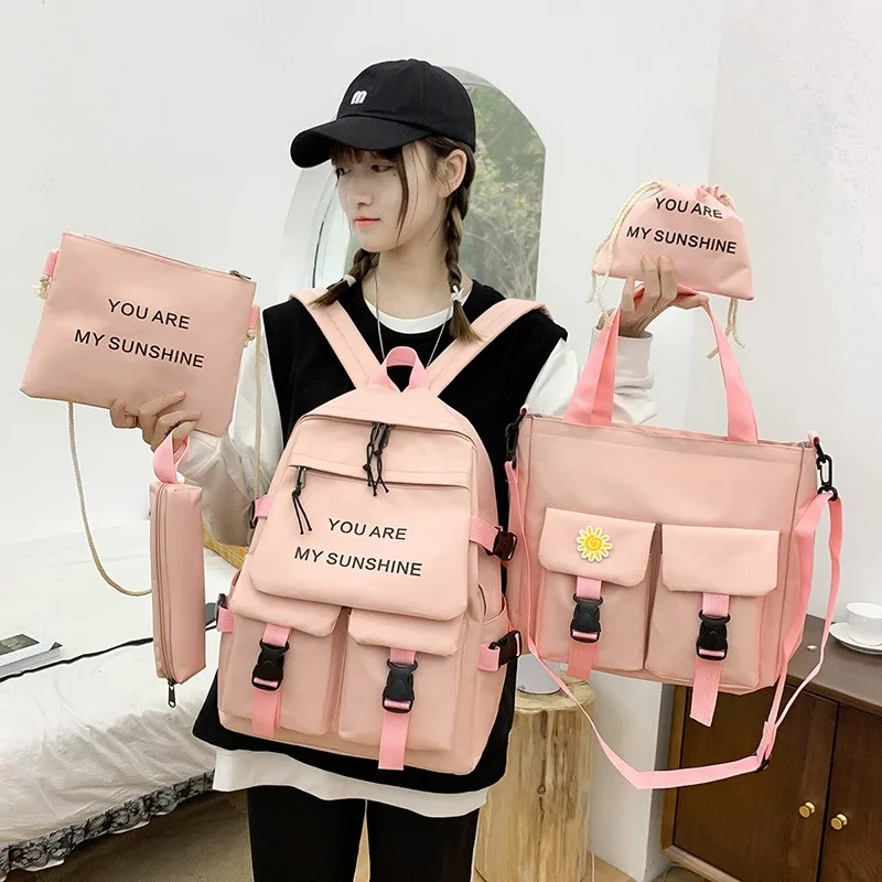 

5Piece Set Kawaii Schoolbags for Teenage Girls Women Backpack 2021 Canvas Travel Back pack Student notebook Bookbags Schoolbag