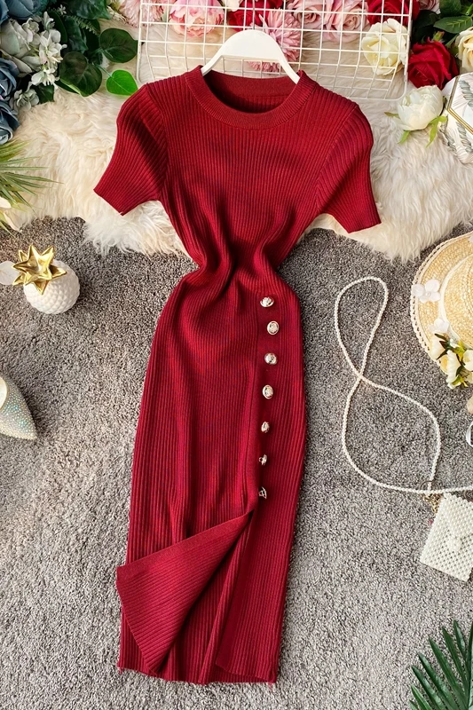 

2021 summer Dress Elegant Side Buttons Design Split Knit Bodycon Dress All Match Simple Pink Fashion Korean Women Dress