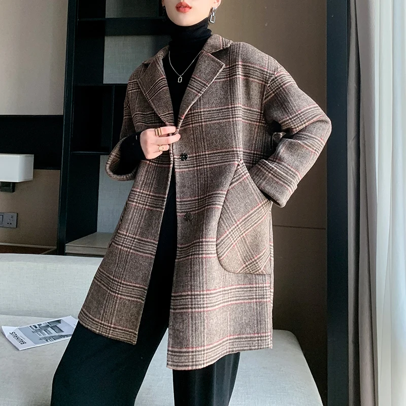 2021 Autumn and Winter New Style 100% Pure Wool Women Double-sided Cashmere Coat Mid-length Loose Coat Suit Collar Cardigan