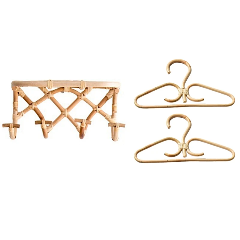 

Rattan Clothes Hanger Hook Storage Rack Organizer Wall with 2Pcs Rattan Clothes Hanger Hand-Woven 3 Hook Hanger