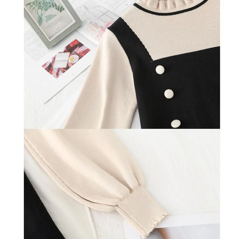 

Autumn Winter Knit Long Dress Women Elegant Ruffle collar Slim A-line Sweater Dresses Double breasted Office Lady Casual Dress