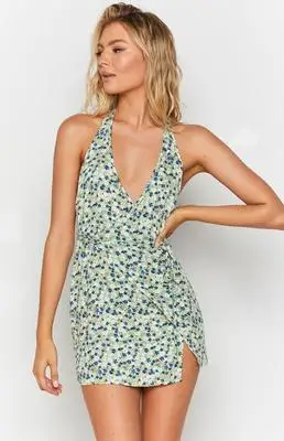 

New Style Black Sexy Harajuku Halter Halter Floral Deep V Lace Slit Irregular Sleeveless backless Lace Dress Party Dress Summer