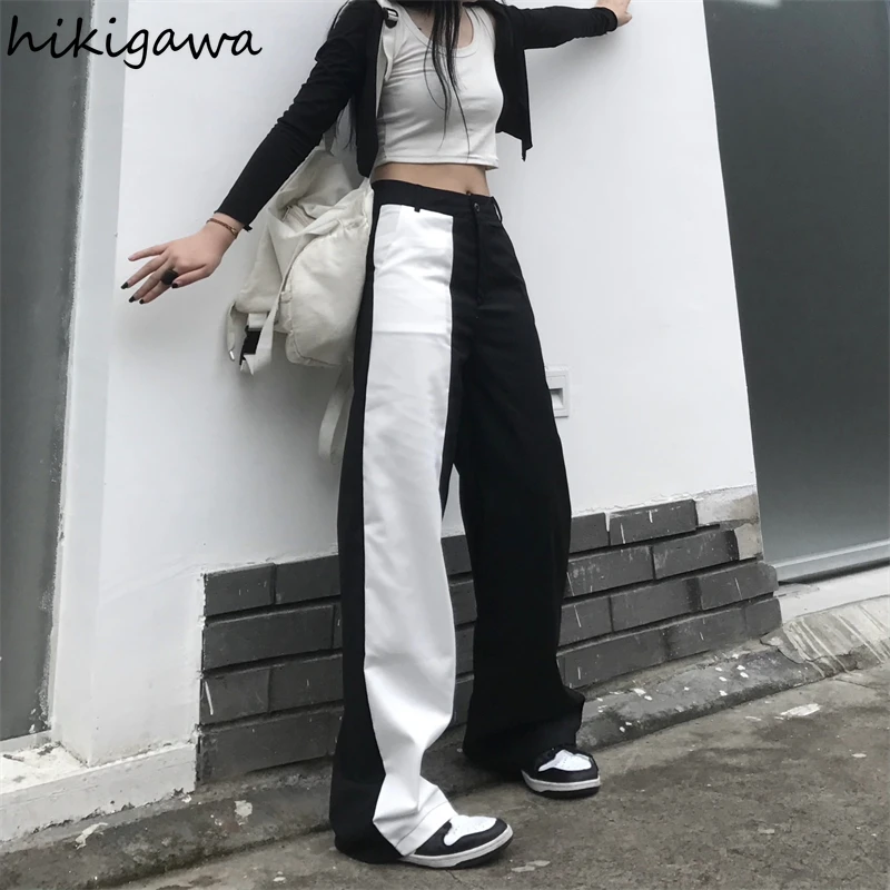 

Hikigawa 2021 Wide Leg Pants for Women Chic Patchwork Contrast Color High Waist Slim Pantalon Korean Streetwear Casual Trousers