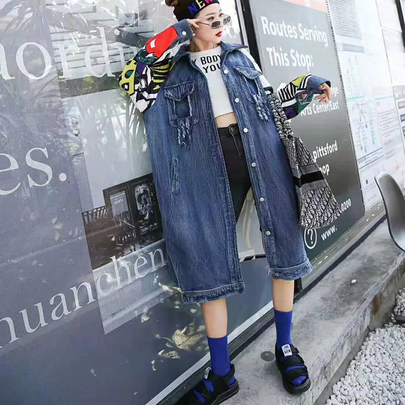 Harajuku Cartoon Patchwork Windbreaker Girls Vintage Women Long Denim Trench Coat Woman Spring Autumn Jeans Casaco LT141S30 | Женская