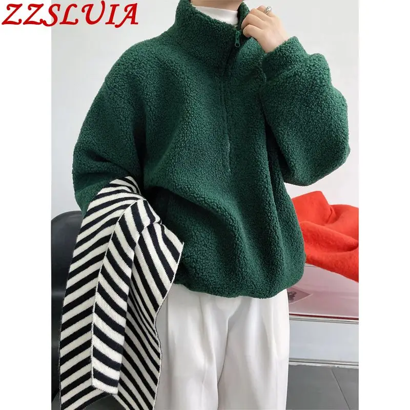 

Lambs Wool Pullover Sweatshirt For Women Stand Collar Long Sleeve Loose Style Zip Design Casual Hoodies Fashion Ladies Clothing