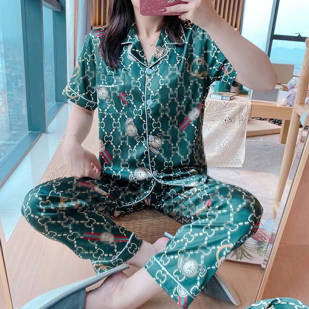 

Wmyqdlq Sleepwear Set Imitation Silk Spring Pyjamas Women's Short-Sleeved Trousers Thin Suit Pajamas Women's Large Size Cardigan