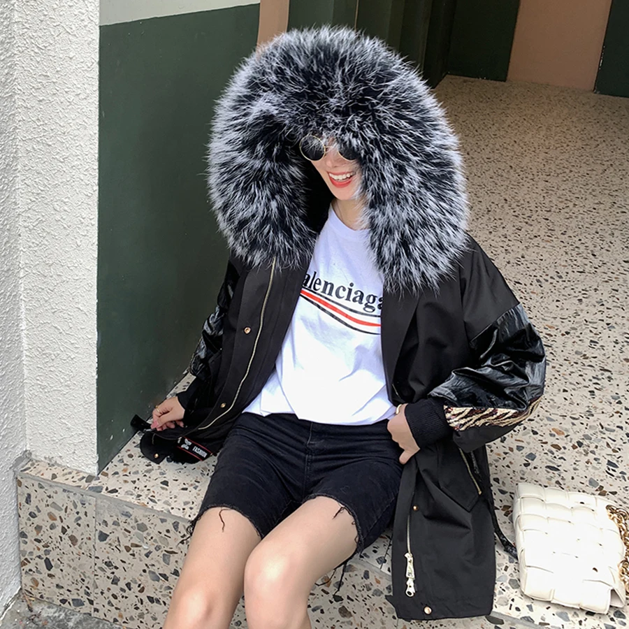 

Parka Coats Jackets Hooded Rabbit Fur Lined Overcoat Winter Female Fashion Casual Warm Windproof Outerwear