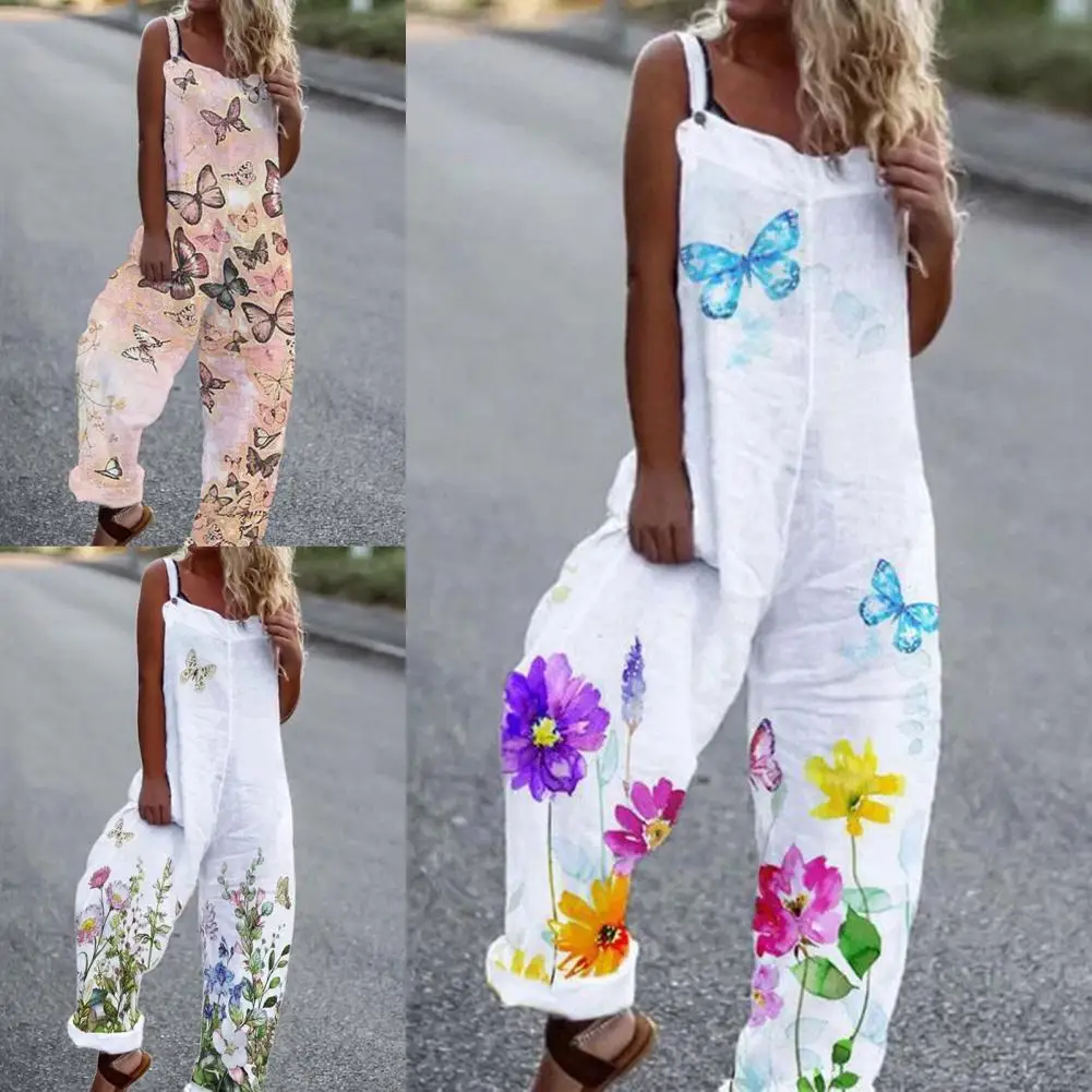 

2021 Women Loose Jumpsuit Floral Print Cotton Skin-friendly Breathable Blend Off Shoulder Women Romper for Daily Wear Casual