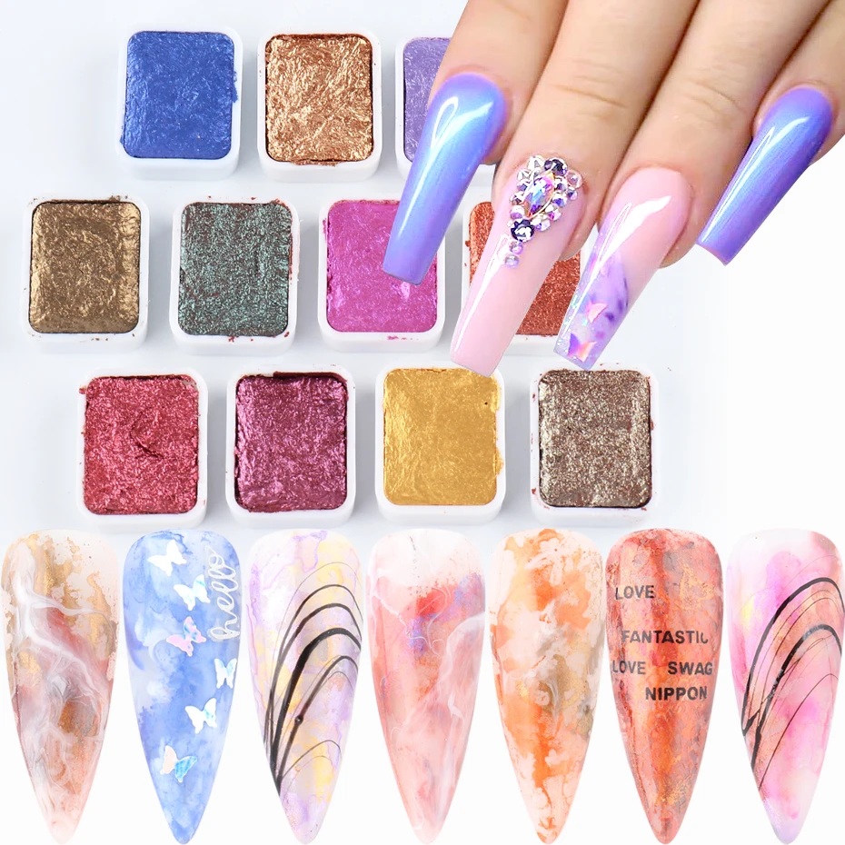 12 цветов для ногтей однотонный акварельный дымчатый эффект краска цветы линии