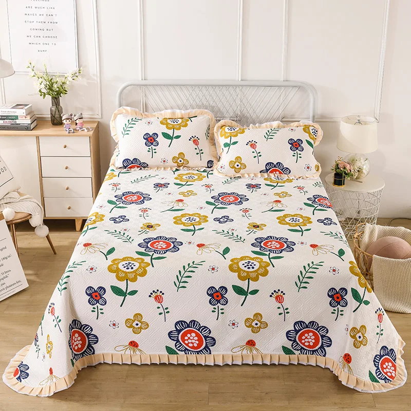 

1/3Pc Ruffles Quilted Bedspread 100%Cotton Leaf Flower Printed Quilting Bed Cover Sheet Coverlet Pillowcase Home Textile Bedding