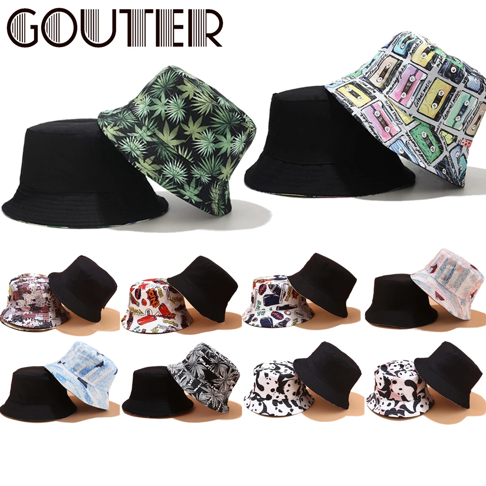 GOUTER печать животных панда кошка лента ведро шляпа для унисекс Двусторонняя