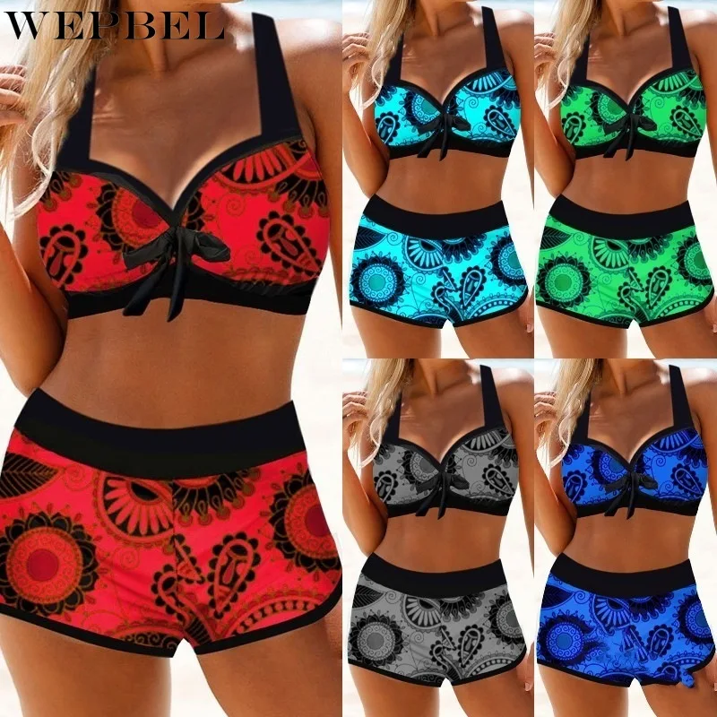 

WEPBEL Women's Printed Slim Bikini Set Summer Bowknot Strapless Spaghetti Strap Swimsuit + High Waist Straight Shorts Suit