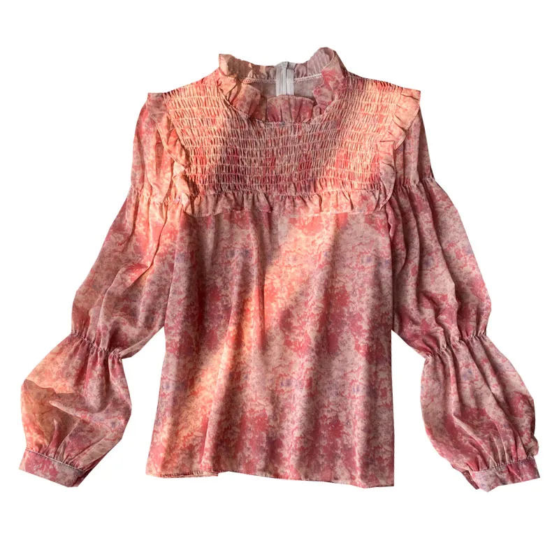 

Korean Hot Super Fairy TIE DYE Shirt Lace Stand Collar Floral Tops Fashion Loose Lantern Sleeve Chiffon Pullover Blouse Women