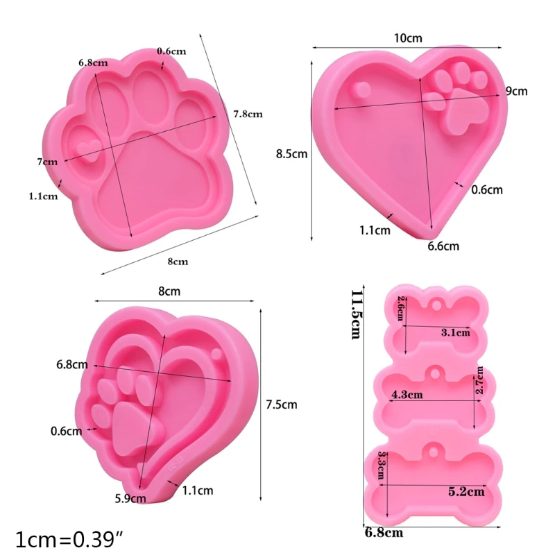 

4 Pieces Dog Paw Silicone Moulds with 10pcs Keyrings Heart Dog Paw Dog Bone Shape Epoxy Resin Mold DIY Crafts Mold