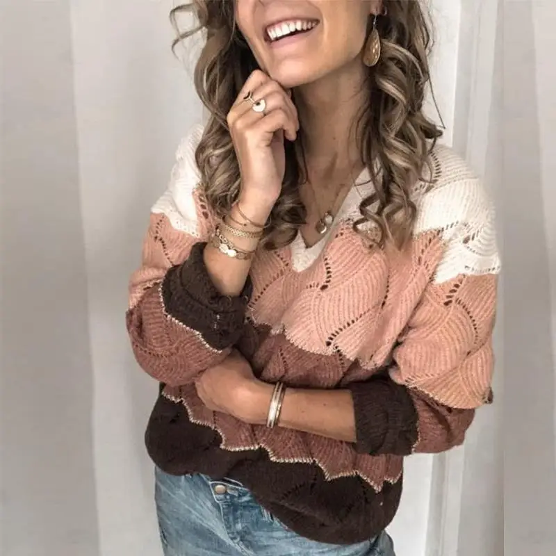 Женский свитер с V-образным вырезом длинным рукавом свободный в стиле пэчворк