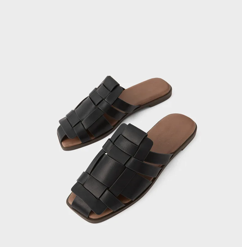 

Female Shoes Slippers Flat Slides Low 2021 Summer Rome Fabric Rubber Hoof Heels PU Basic Shoes Woman 2021 Slippers Summer Low Pa