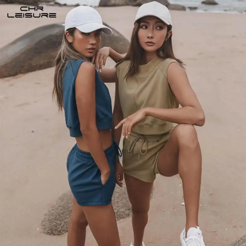 

CHRLEISURE костюм из двух вещей на каждый день костюм из майки и шорт, женские спортивные костюмы высокого шорты с эластичной резинкой на талии т...