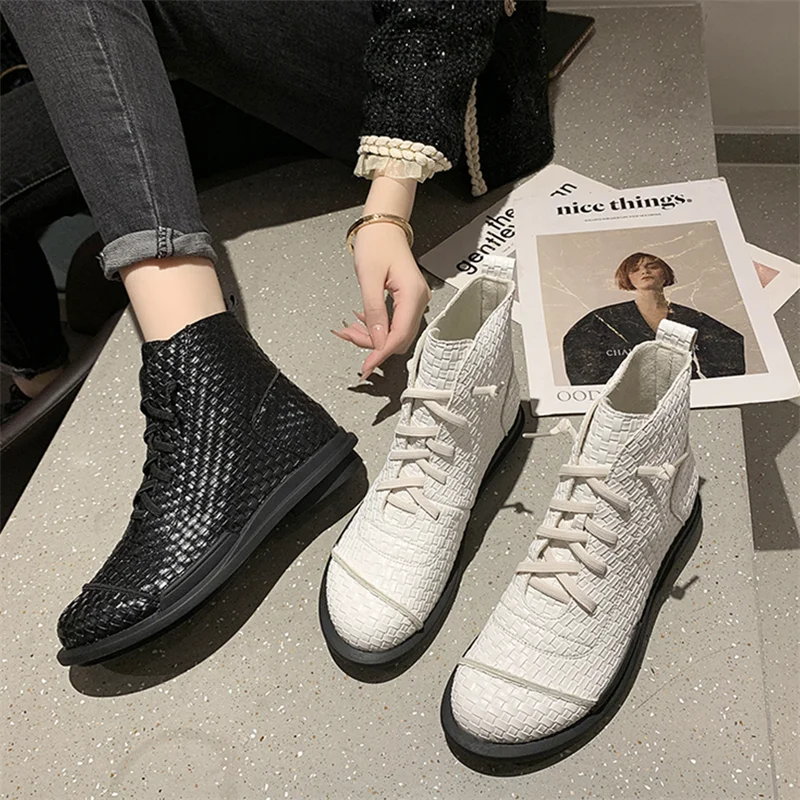 

COOTELILI 2021 New Fashion Shoes Women's Boots Fashion Woman Shoes Round Toe 3cm Heel Lace Up Black Basic Size 35-40