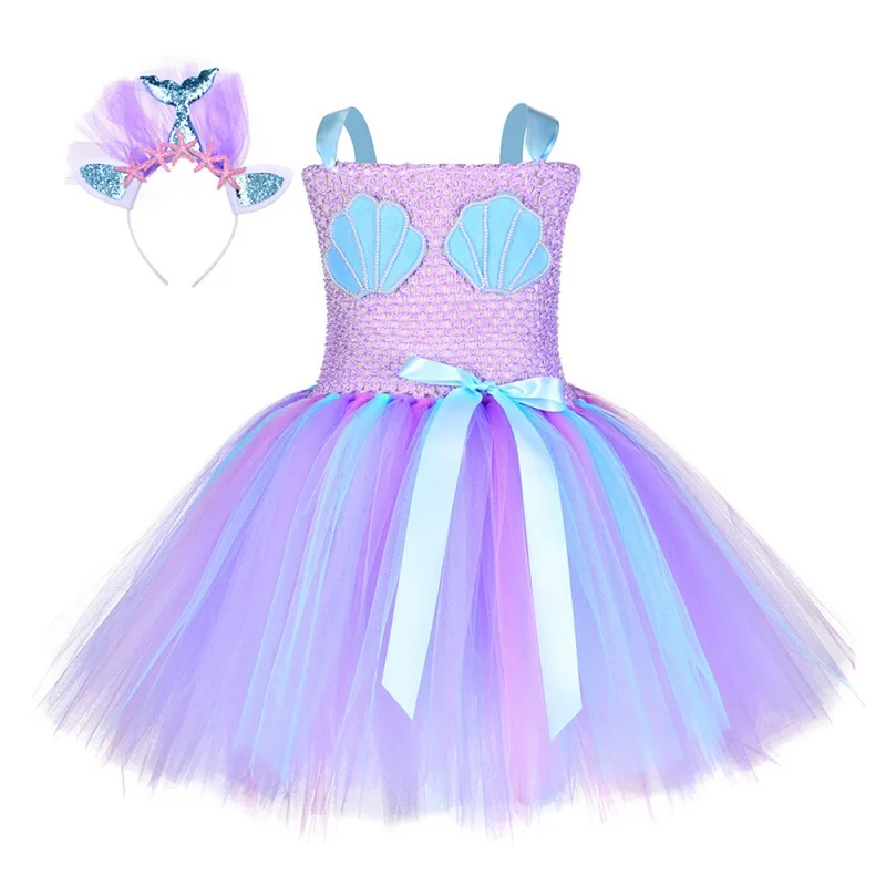 Dress and Headband Для девочек; юбка-пачка в стиле Русалочки с повязкой на голову, под морской русалки платье принцессы Для детей Хеллоуин вечеринка в честь Дня Рождения платье-костюм - Цвет: Dress and Headband