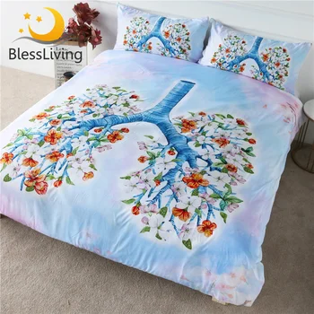 BlessLiving Lung Bedding Set Floral Tree Duvet Cover Set Flower of Life Comforter Cover Pink Blue Bedspreads Queen Size 3-Piece 1