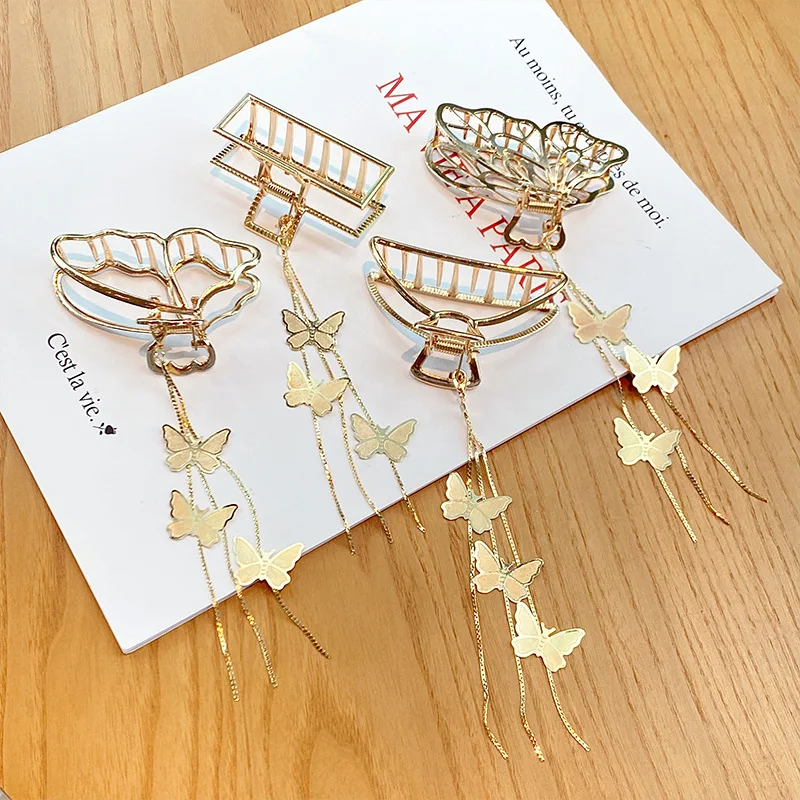 

Rectangular metal geometry catch graceful butterfly hairpin female tassel ribbon pendant shark clip to hollow out hair girl