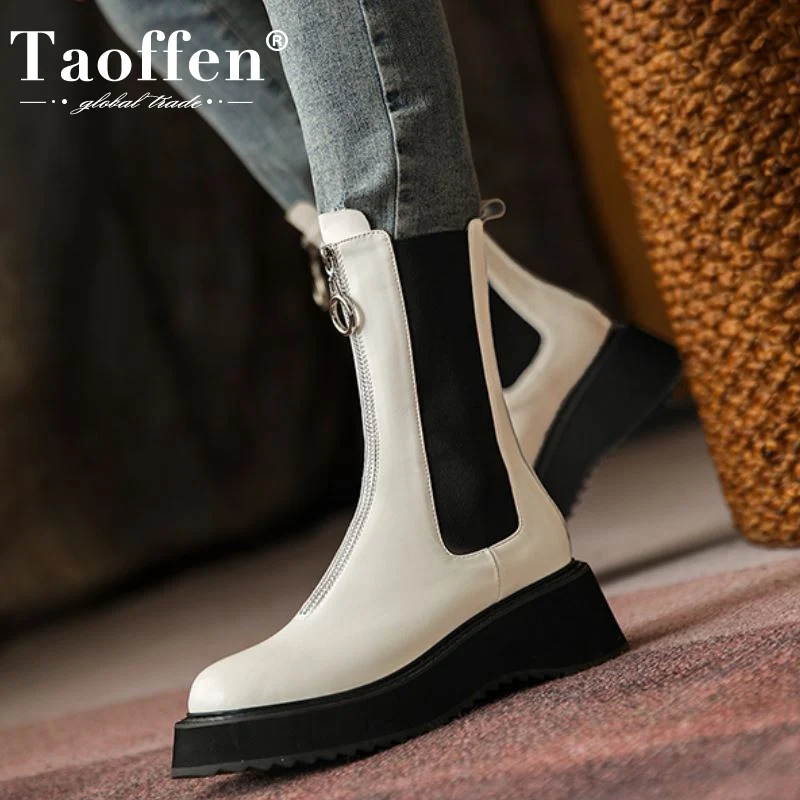 

Taoffen New Ladies Half Short Boots Real Leather Mix Color Woman Winter Shoes Fashion Women Boot Daily Footwear Size 34-40