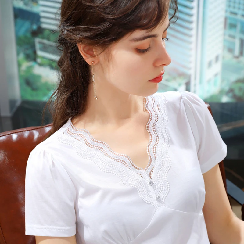 

White Fashion Korean Women's Summer New Short-sleeved Ice Silk Lace Stitching V-neck Trendy Tops Thin Slim Sexy T-shirt