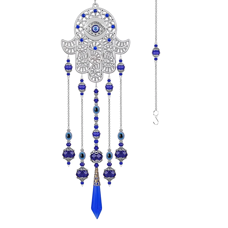 

H&D Blue Evil Eye with Hamsa Hand Protection Hanging Crystal Suncatcher With Crystal Prisms Rainbow Maker For Home Window Decor