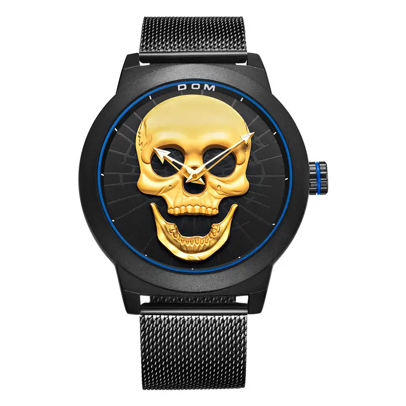 M-1231BK-1M9 Мужские часы DOM Cool Bone, роскошный бренд, M-1231, креативные часы, черные мужские часы, Череп, стиль, кварцевые мужские часы, relogio masculino - Цвет: M-1231BK-1M9
